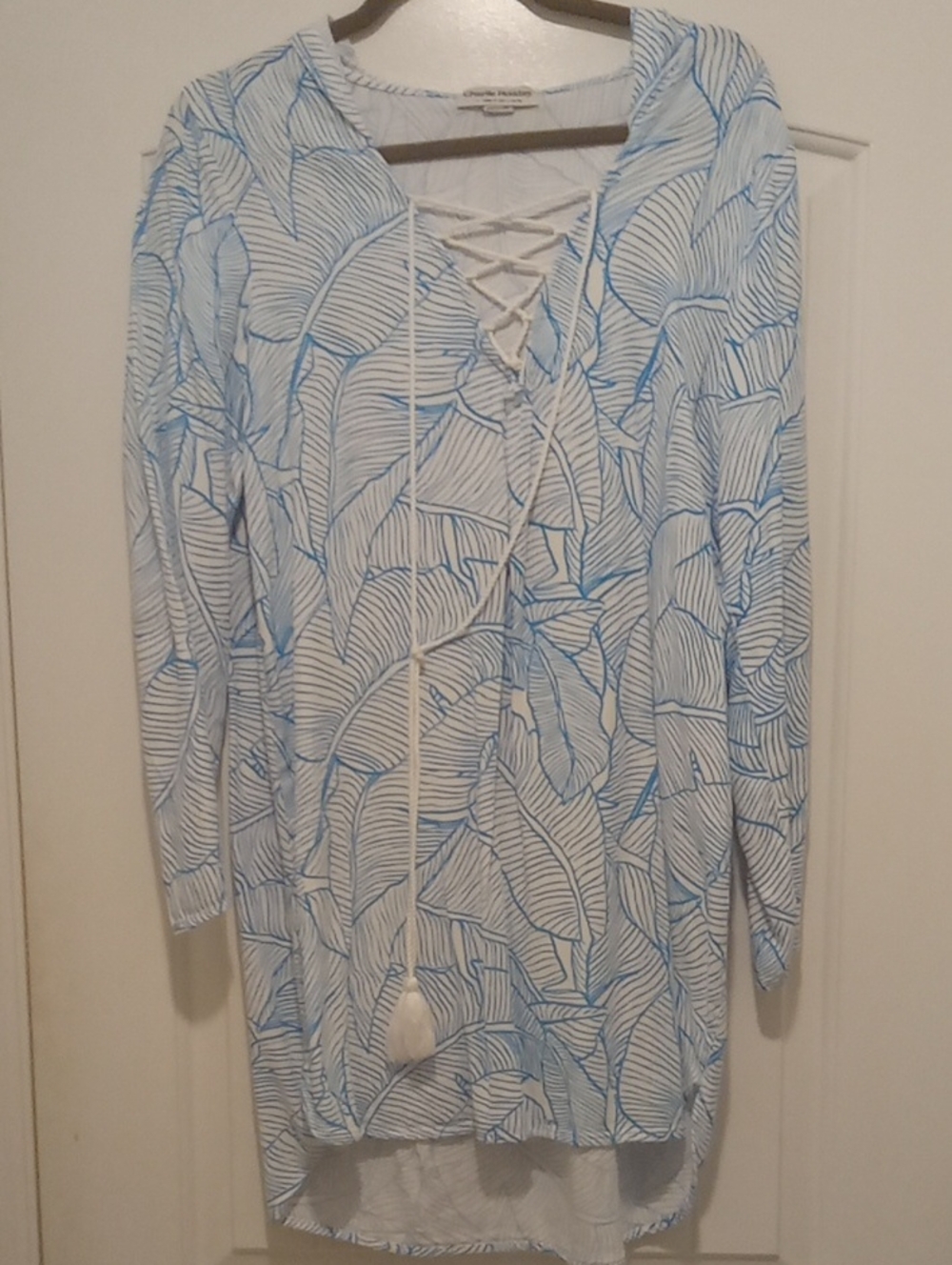Lace-Up V-Neck Leaf Print Hooded Tunic in Light Blue & White